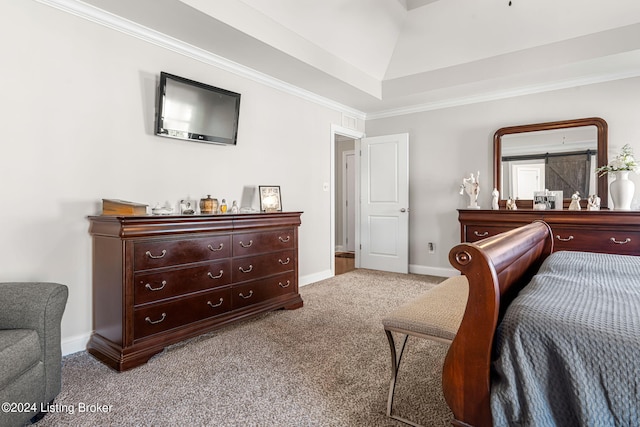 carpeted bedroom featuring crown molding and lofted ceiling