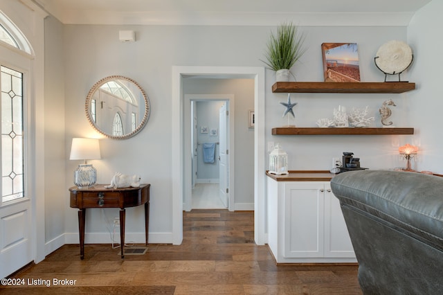 bar featuring white cabinets and hardwood / wood-style flooring