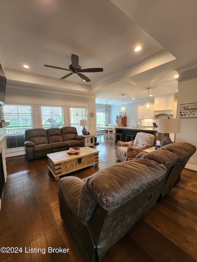 living room with ceiling fan with notable chandelier, dark hardwood / wood-style flooring, and a tray ceiling