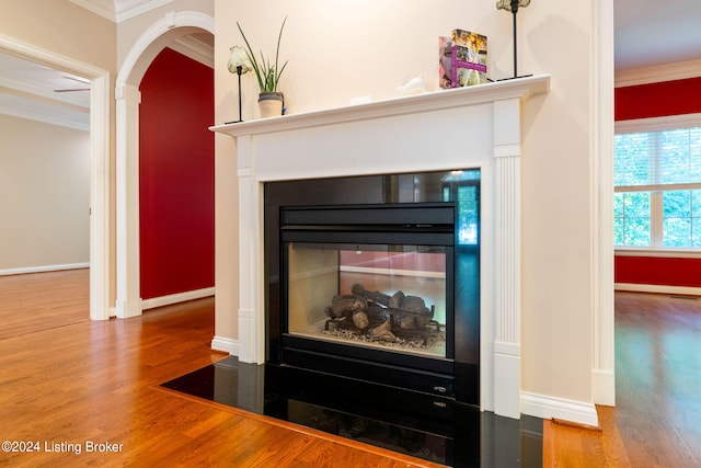 details with hardwood / wood-style flooring and crown molding