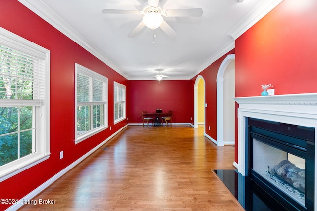 living room with hardwood / wood-style floors, ceiling fan, and ornamental molding