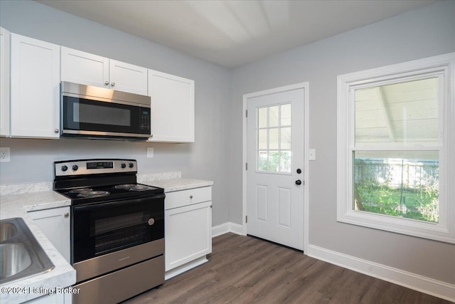 kitchen with white cabinets, dark hardwood / wood-style floors, and stainless steel appliances