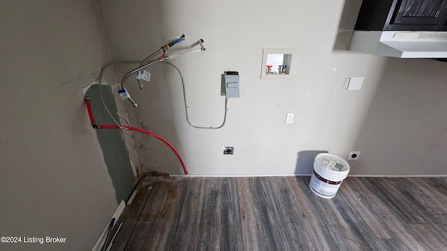 laundry area with electric dryer hookup, washer hookup, and dark hardwood / wood-style flooring