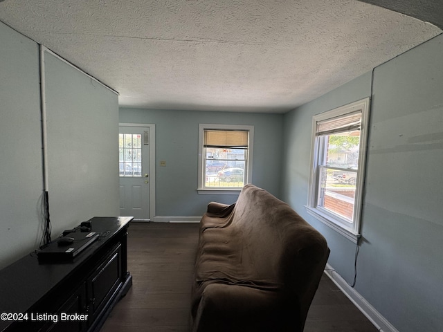 living room with a textured ceiling and dark wood-type flooring