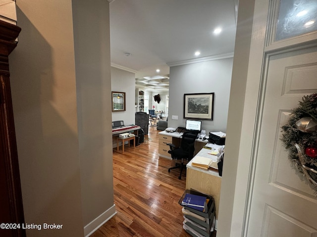 office with ornamental molding and wood-type flooring