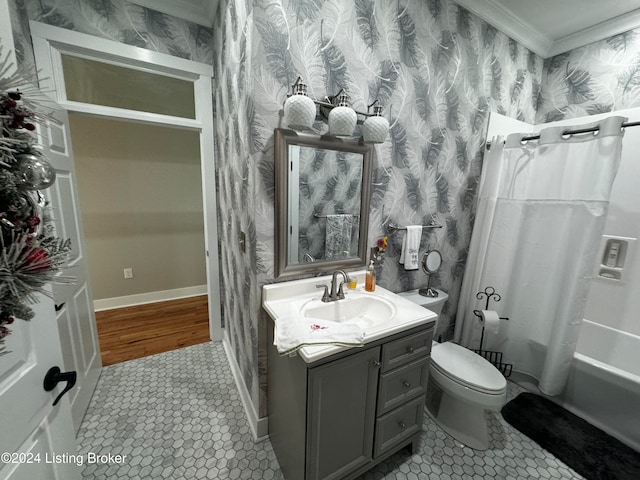 full bathroom with shower / bath combo, toilet, tile patterned floors, vanity, and crown molding