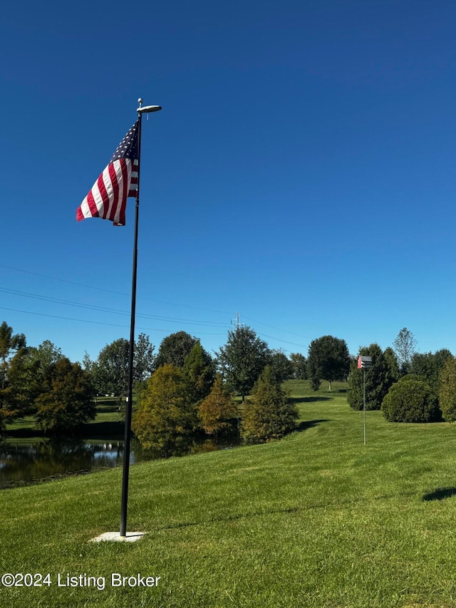 view of community with a water view and a lawn