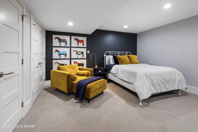 bedroom with carpet floors, recessed lighting, and baseboards