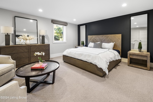 bedroom with carpet floors, baseboards, and recessed lighting