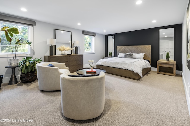 bedroom featuring carpet floors, baseboards, and recessed lighting