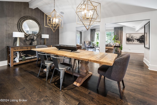 dining area featuring dark wood-type flooring, a notable chandelier, vaulted ceiling with beams, and baseboards