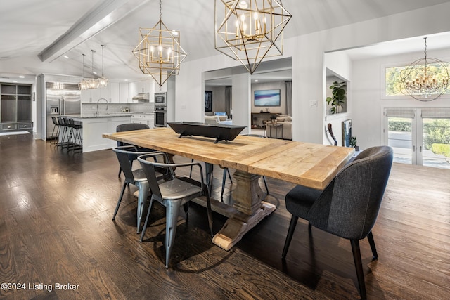 dining room with a chandelier, high vaulted ceiling, dark wood-style flooring, french doors, and beamed ceiling