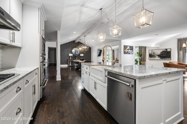 kitchen featuring lofted ceiling with beams, under cabinet range hood, a sink, appliances with stainless steel finishes, and dark wood finished floors