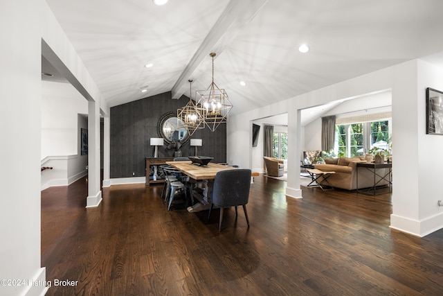 dining area featuring lofted ceiling with beams, baseboards, wood finished floors, and recessed lighting