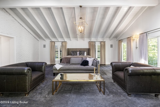 living area featuring baseboards, vaulted ceiling with beams, brick wall, and an inviting chandelier