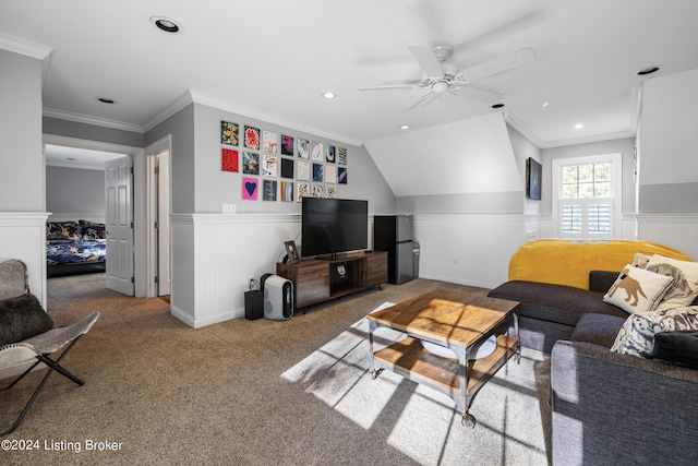 living room with ornamental molding, carpet, a wainscoted wall, and recessed lighting