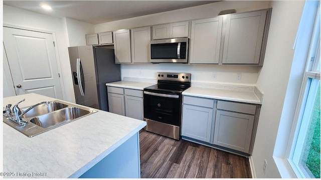 kitchen featuring appliances with stainless steel finishes, dark hardwood / wood-style floors, sink, and gray cabinetry