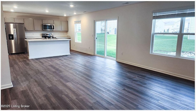 kitchen with gray cabinetry, dark wood-type flooring, stainless steel appliances, and an island with sink