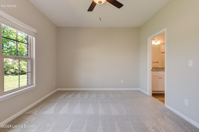 carpeted spare room with ceiling fan and a wealth of natural light