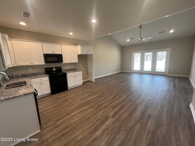 LOT13 Deer Vista Dr, Louisville, KY 40291 - kitchen with a sink, black appliances, ceiling fan, baseboards, and white cabinetry