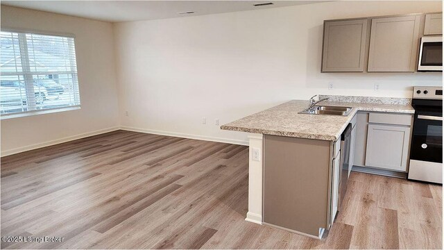 kitchen featuring light wood finished floors, gray cabinetry, a sink, stainless steel appliances, and light countertops