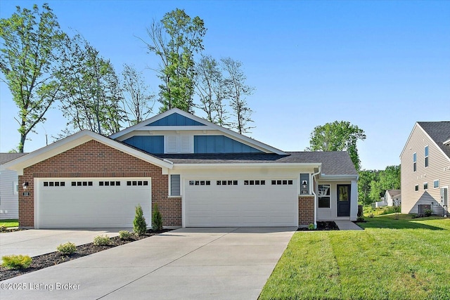 204 Harvest Moon Ct Unit 217B, Shepherdsville, KY 40165 - view of front facade featuring concrete driveway, a front lawn, an attached garage, board and batten siding, and brick siding