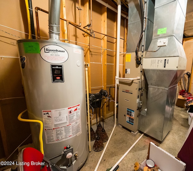 utility room featuring gas water heater and heating unit