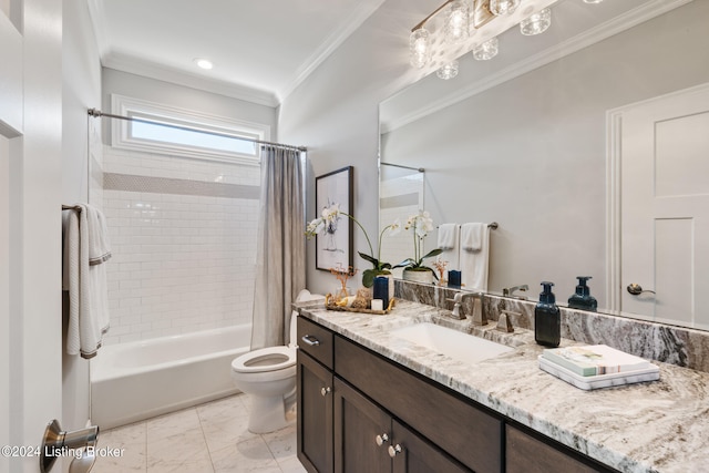 full bathroom featuring vanity, crown molding, toilet, and shower / bath combo