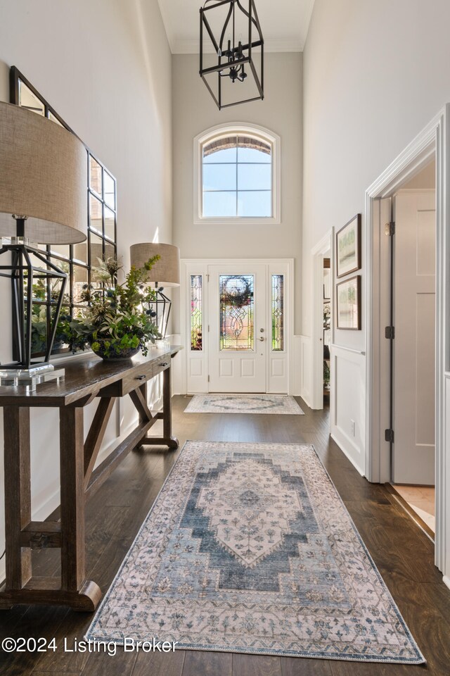 foyer featuring a towering ceiling, dark hardwood / wood-style floors, ornamental molding, and a wealth of natural light