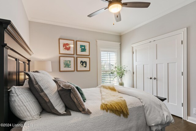 bedroom featuring ceiling fan, a closet, dark hardwood / wood-style floors, and ornamental molding