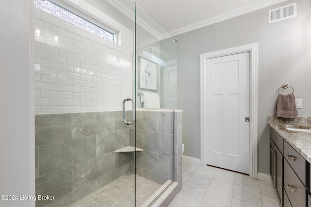 bathroom with walk in shower, ornamental molding, and vanity