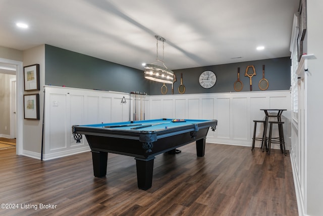 playroom featuring pool table and dark wood-type flooring