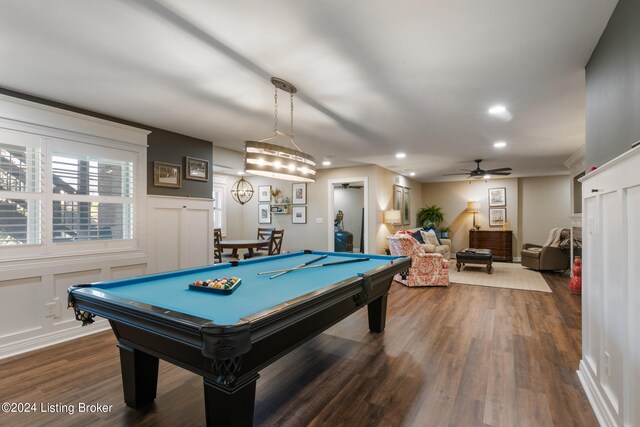 playroom with dark wood-type flooring, pool table, and ceiling fan