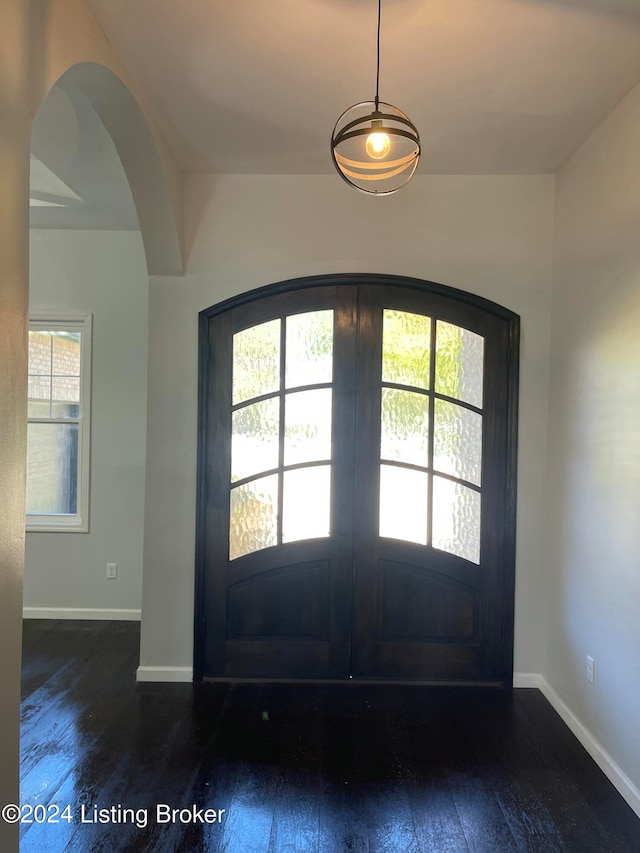 foyer entrance featuring a healthy amount of sunlight, french doors, and dark hardwood / wood-style floors