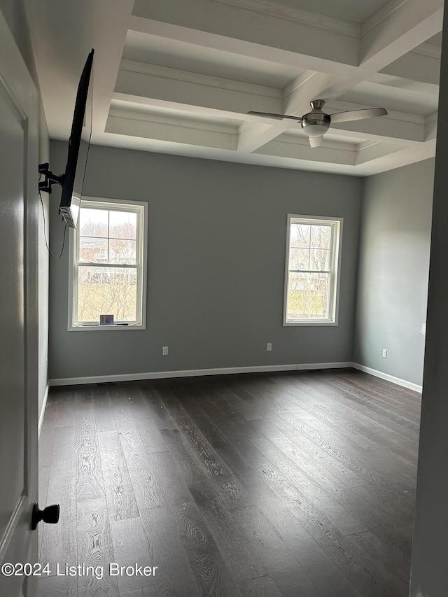 spare room featuring ceiling fan, plenty of natural light, dark hardwood / wood-style flooring, and coffered ceiling