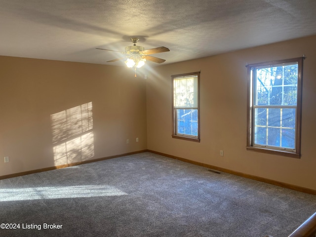 carpeted empty room with a wealth of natural light, ceiling fan, and a textured ceiling