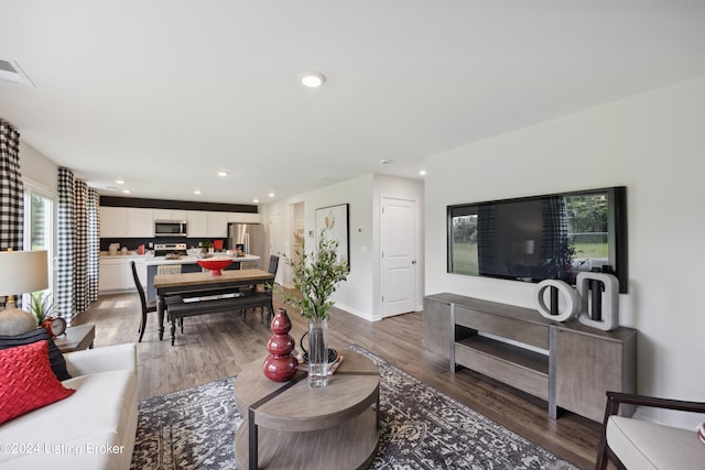 living room with dark hardwood / wood-style floors