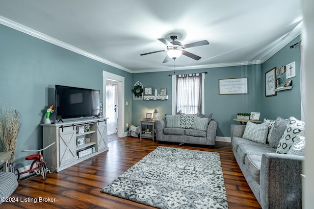 living room featuring crown molding, dark hardwood / wood-style flooring, and ceiling fan