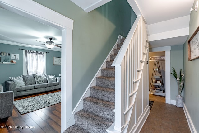 stairs with wood-type flooring and ceiling fan