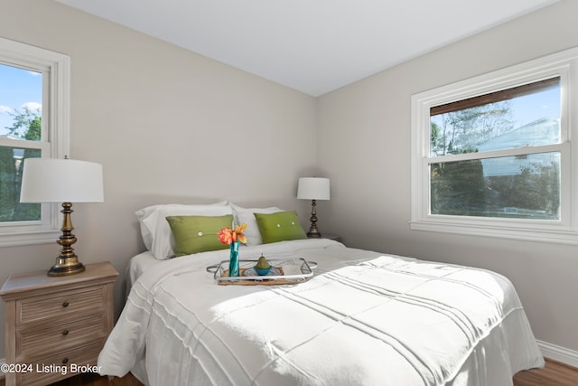 bedroom with multiple windows and hardwood / wood-style flooring