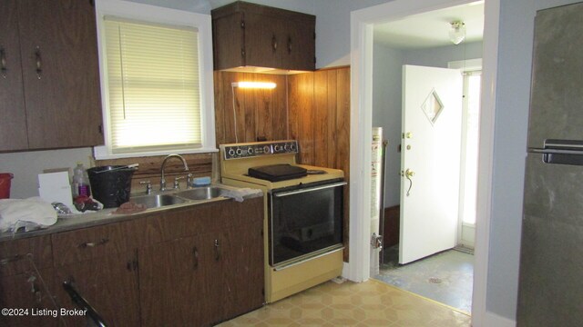 kitchen with range with electric cooktop, dark brown cabinetry, and sink