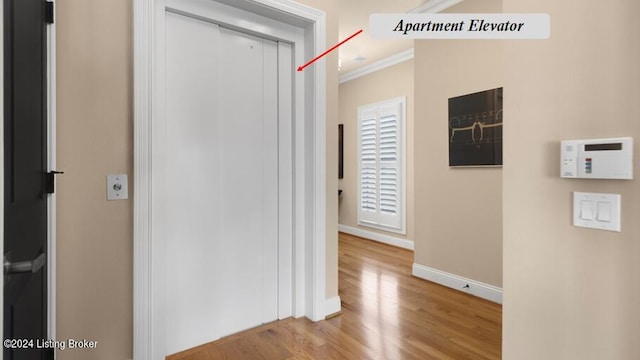 corridor with ornamental molding and hardwood / wood-style flooring