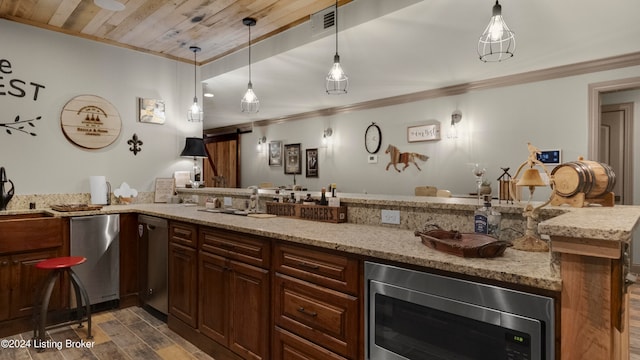 bar featuring light stone countertops, stainless steel appliances, dark wood-type flooring, wooden ceiling, and a barn door