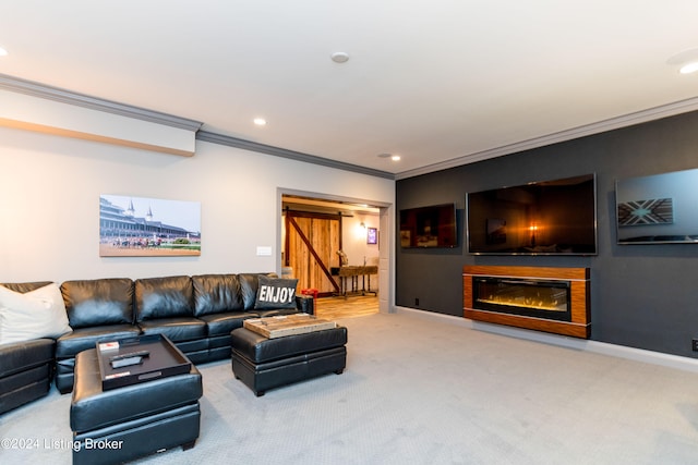 living room featuring carpet floors and crown molding