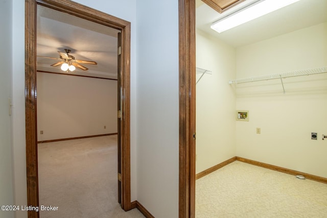 clothes washing area with washer hookup, ceiling fan, hookup for an electric dryer, and light colored carpet