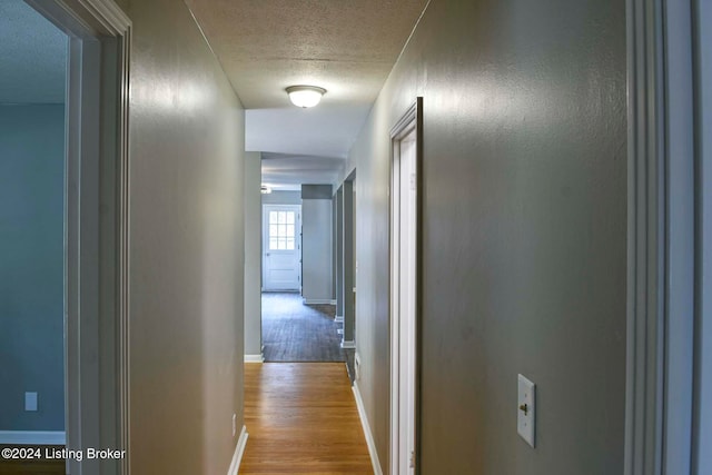 hallway featuring light hardwood / wood-style floors and a textured ceiling