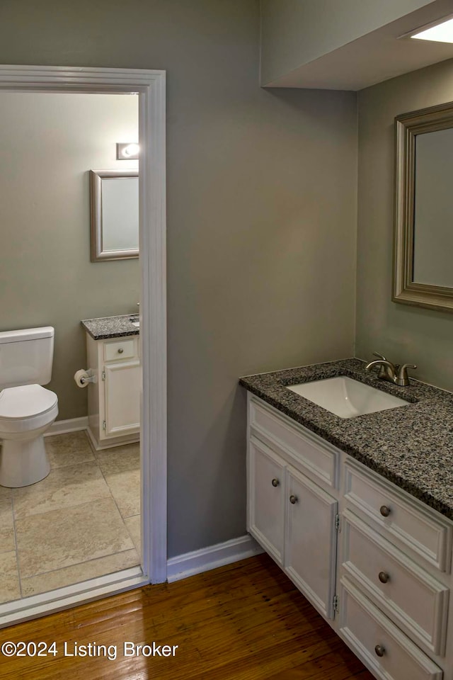 bathroom featuring vanity, toilet, and hardwood / wood-style floors