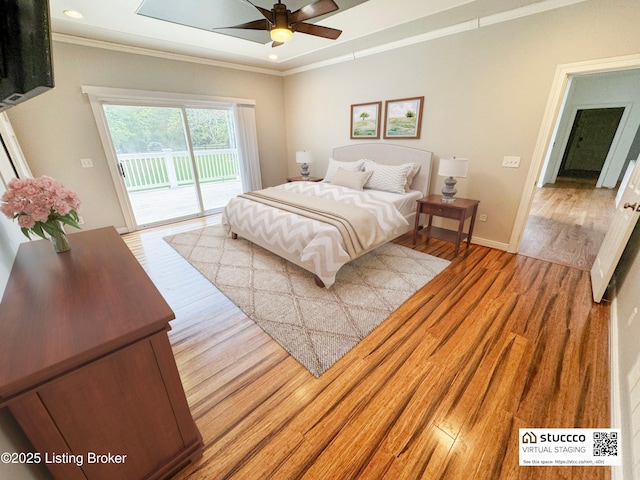 bedroom with ceiling fan, ornamental molding, light wood-type flooring, and access to outside