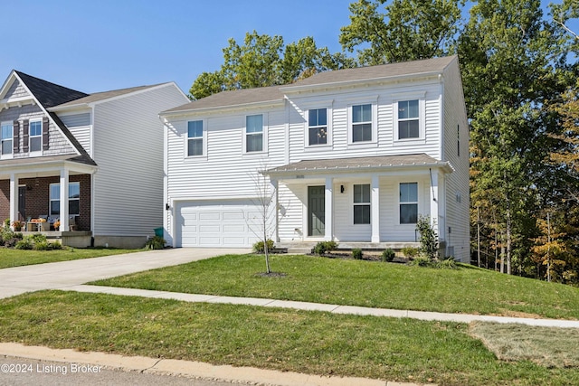 view of front of property with a front lawn, a porch, and a garage