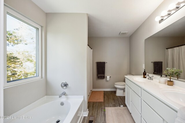 bathroom with vanity, a tub to relax in, a wealth of natural light, and toilet